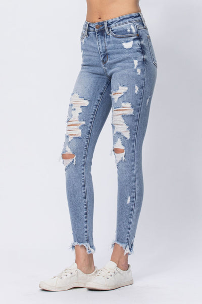 88390   Rianna Hi-Rise Destroyed Shark Bite Skinny Jeans by Judy Blue Jeans
