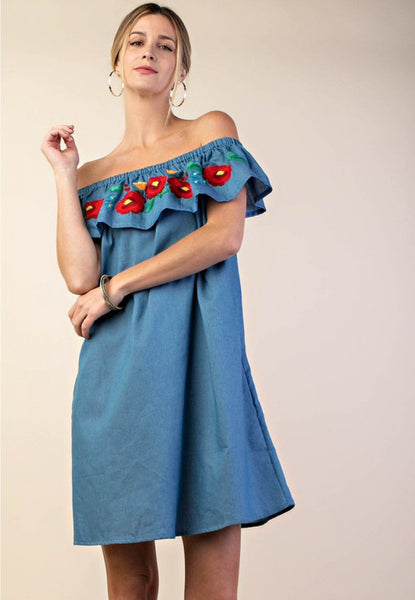 5720   Tizia Embroidered Off-Shoulder Ruffle Dress