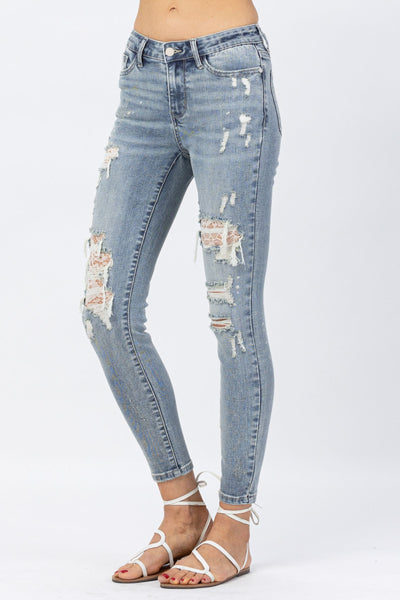 Cheryl Lace Patch Mid-Rise Skinny Judy Blue Jeans