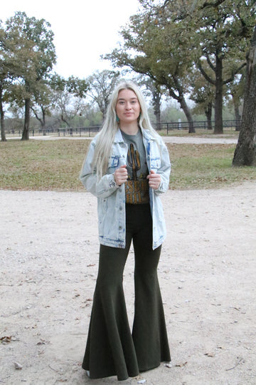 Haven Extra High Waist Dark Olive Stretch Flare Bells