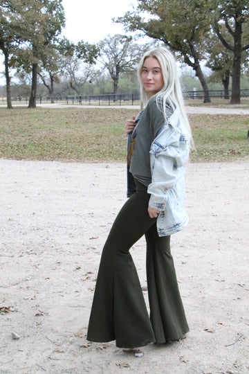 Haven Extra High Waist Dark Olive Stretch Flare Bells