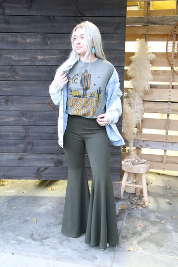 Haven Extra High Waist Dark Olive Stretch Flare Bells