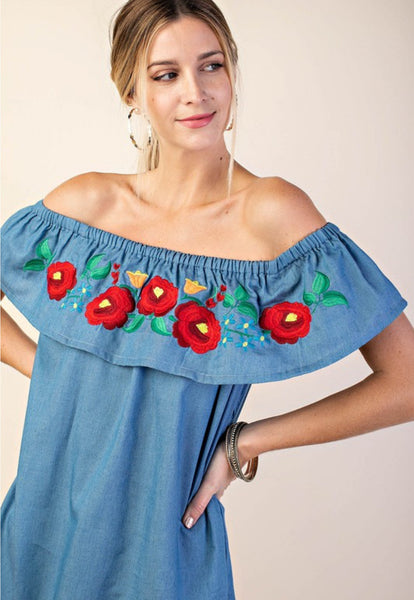 5720   Tizia Embroidered Off-Shoulder Ruffle Dress