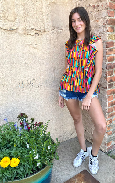 104553 Jadyleigh Multicolored Flutter Sleeve Blouse