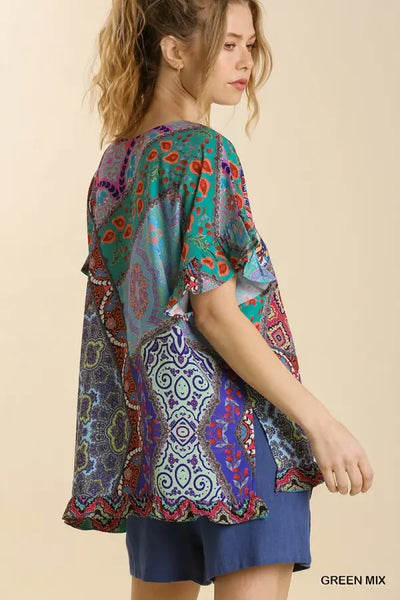 0083 Amara Mixed Print Ruffle Sleeve Top - Reg & Plus!