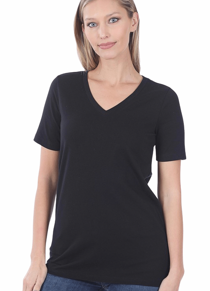 1009 Black Cotton V-Neck Basic T-Shirt