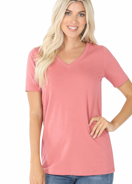 1009   Dusty Rose Cotton V-neck Basic T-Shirt