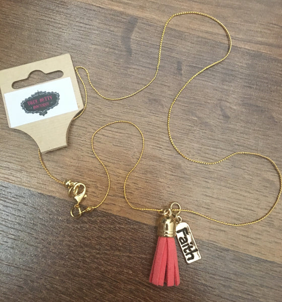 TB-135 Coral Tassel Necklace w/ Faith Pendant