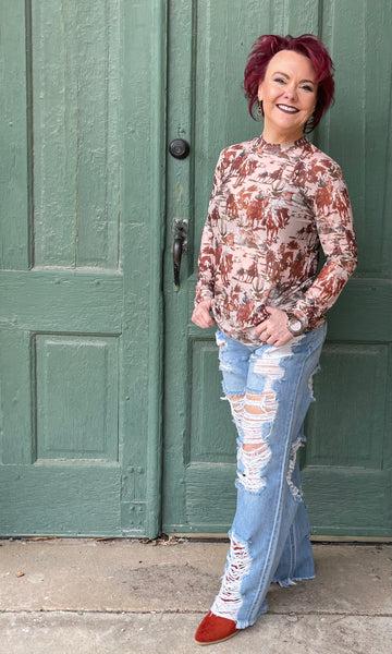 Aggie Cowboy Western Print Mesh Top