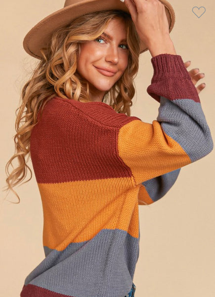 2539 Alicia Round Neck Color Block Bubble Sleeve Loose Fit Sweater