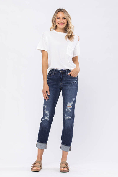 82198 Marsha Mid-Rise Boyfriend Bleach Splash Destroyed Judy Blue Jeans
