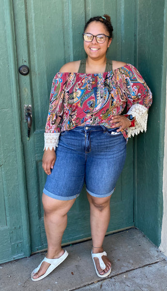 21174-8812 Tyler On or Off Shoulder Paisley Top w/ Lace Hem Sleeves