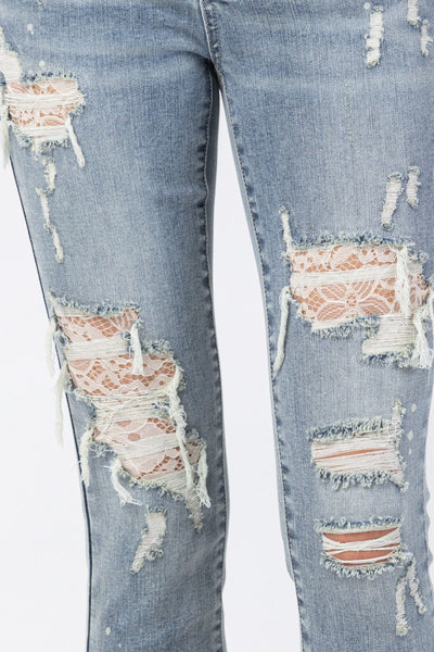 Cheryl Lace Patch Mid-Rise Skinny Judy Blue Jeans