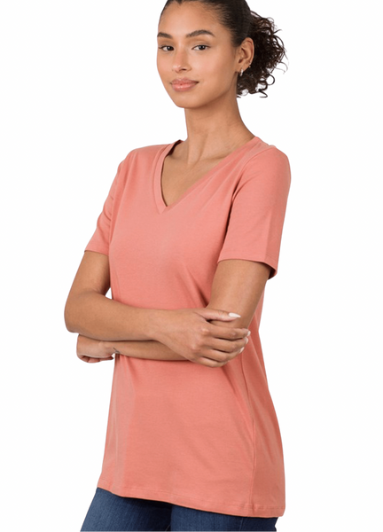 1009 Ash Rose Cotton V-neck Basic T-Shirt