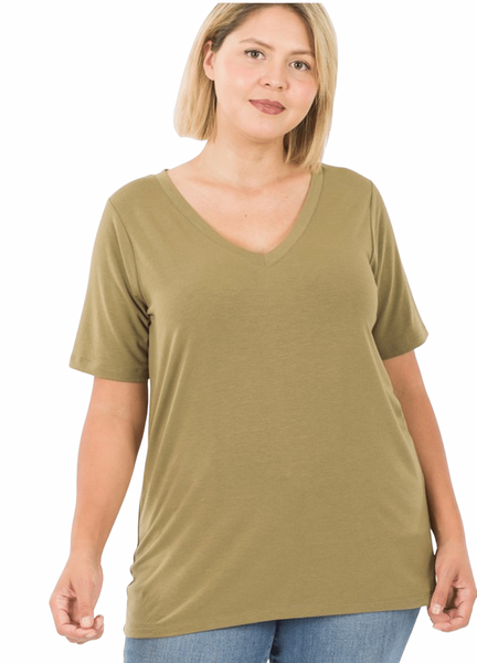 2109 Khaki V-neck Basic T-Shirt