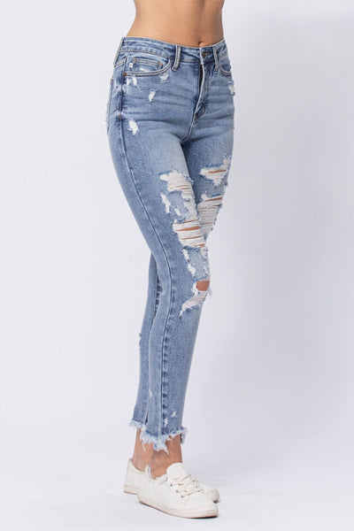 88390   Rianna Hi-Rise Destroyed Shark Bite Skinny Jeans by Judy Blue Jeans