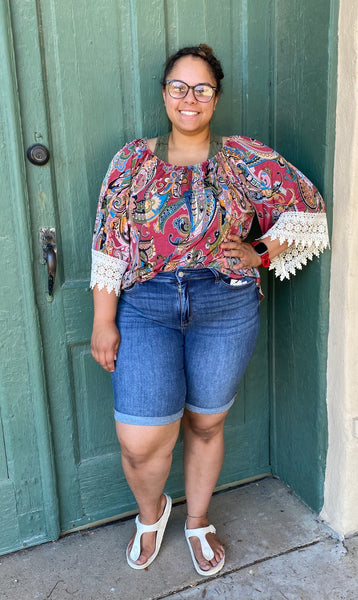 21174-8812 Tyler On or Off Shoulder Paisley Top w/ Lace Hem Sleeves