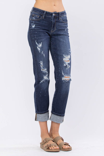 82198 Marsha Mid-Rise Boyfriend Bleach Splash Destroyed Judy Blue Jeans