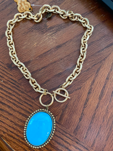 1N380BTC Large Bronze Oval Turquoise Cabochon Necklace