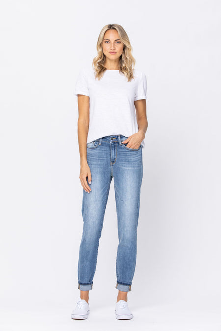 88191   Karie High Rise Raw Hem Relaxed Fit Judy Blue Jeans