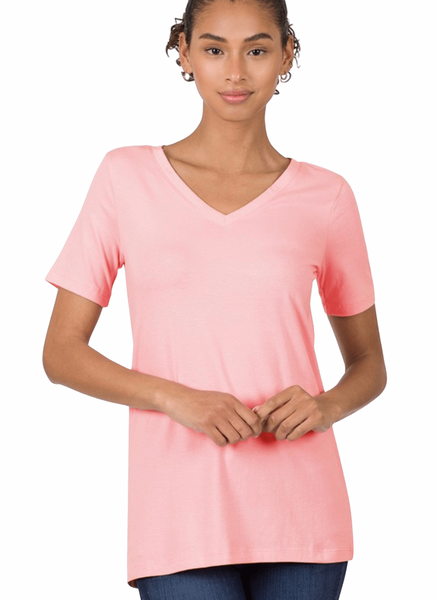 1009 Dusty Pink Cotton V-neck Basic T-Shirt