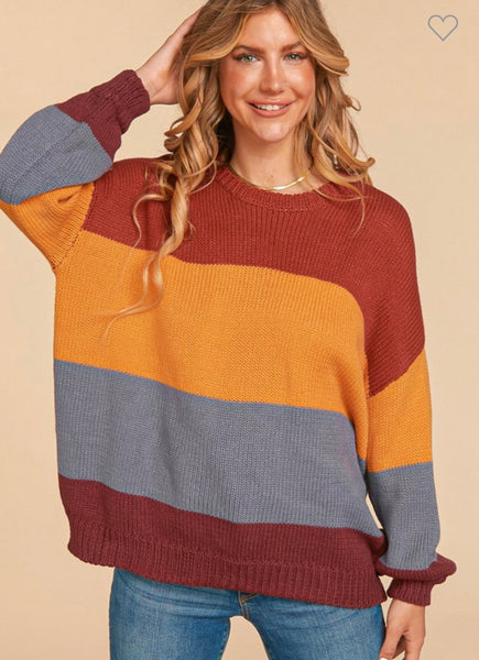 2539 Alicia Round Neck Color Block Bubble Sleeve Loose Fit Sweater