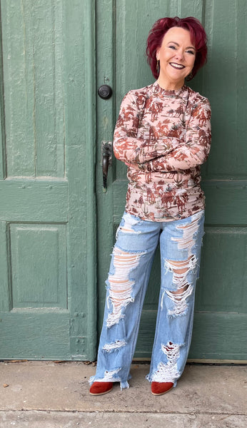 Aggie Cowboy Western Print Mesh Top