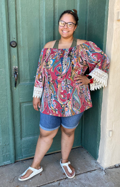 21174-8812 Tyler On or Off Shoulder Paisley Top w/ Lace Hem Sleeves