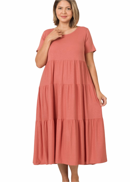 8354 Taylor Short Sleeve Tiered Midi Dress - Reg & Plus!