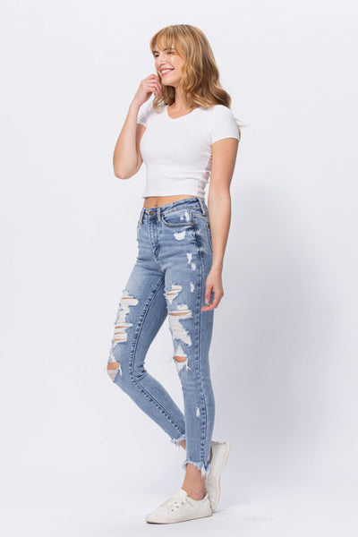 88390   Rianna Hi-Rise Destroyed Shark Bite Skinny Jeans by Judy Blue Jeans