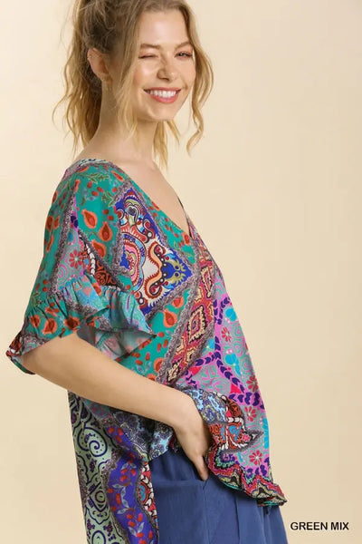 0083 Amara Mixed Print Ruffle Sleeve Top - Reg & Plus!