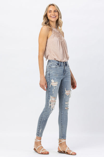 Cheryl Lace Patch Mid-Rise Skinny Judy Blue Jeans