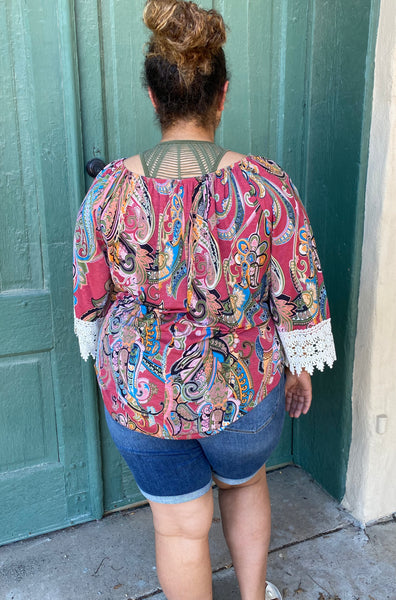 21174-8812 Tyler On or Off Shoulder Paisley Top w/ Lace Hem Sleeves