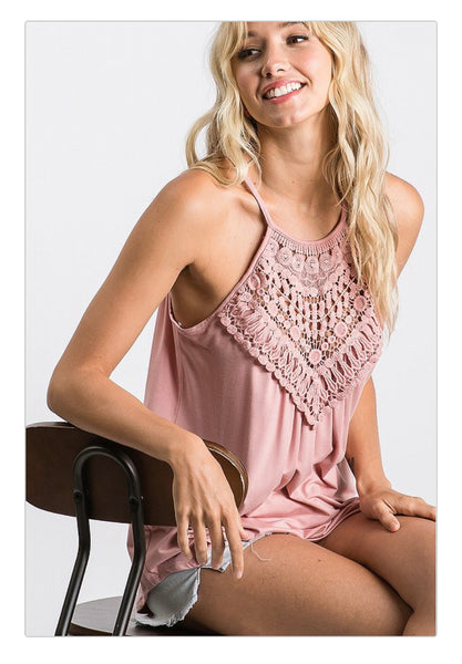 9127 June Camiseta sin mangas con detalle de encaje de croché
