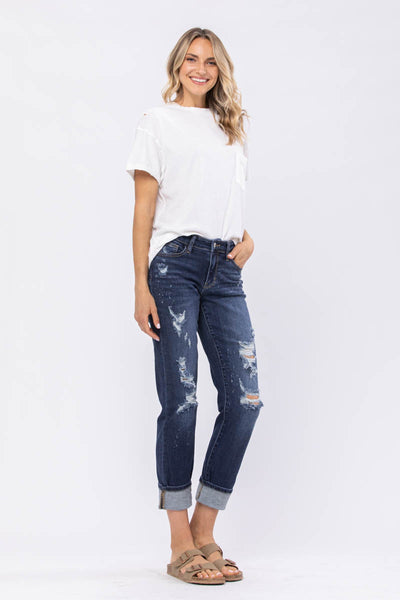 82198 Marsha Mid-Rise Boyfriend Bleach Splash Destroyed Judy Blue Jeans