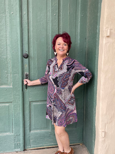 Gabby 3/4 Sleeve Paisley V-Neck Dress