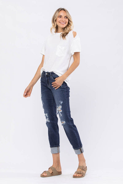 82198 Marsha Mid-Rise Boyfriend Bleach Splash Destroyed Judy Blue Jeans