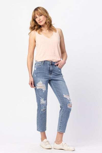 82281 Vaqueros Boyfriend desgastados de talle alto Ellaina de Judy Blue Jeans