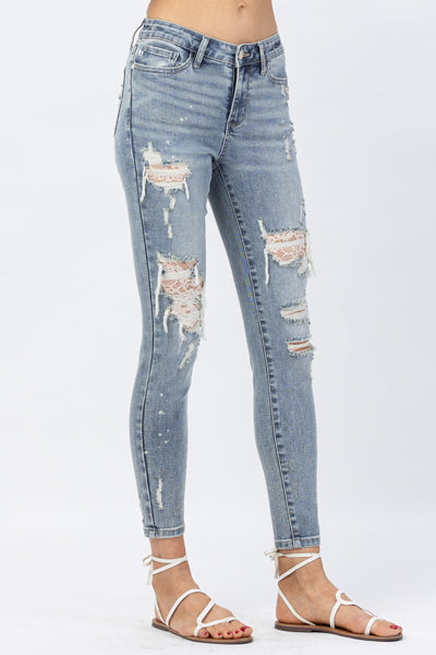 Cheryl Lace Patch Mid-Rise Skinny Judy Blue Jeans