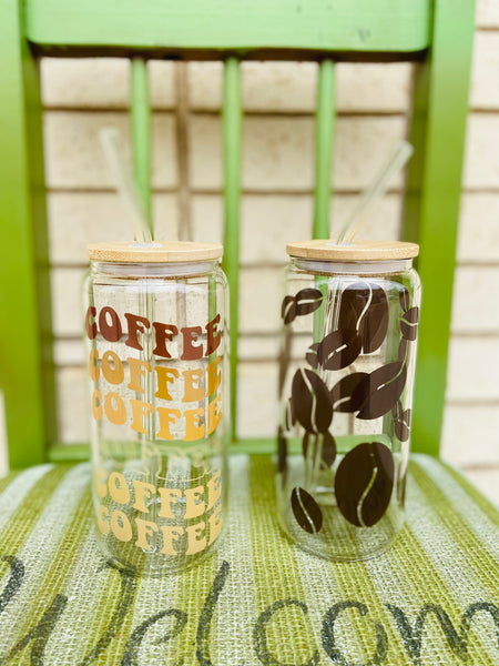 13833 Glass Cold Coffee Tumbler w/ Glass or Metal Straw - Coffee Bean Pattern