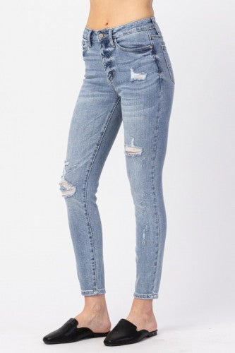 Mother The Rascal Medium Wash Distressed Slim Jeans in Blue