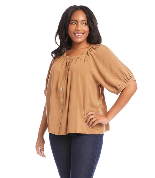 Karen Kane Cotton Honey Brown Peasant Top - Plus Only