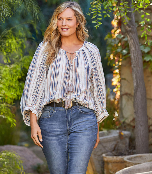 Karen Kane Cotton Stripe Peasant Top - Plus Only