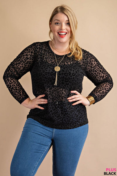 6163 India Top de malla transparente de manga larga de terciopelo desgastado con estampado animal