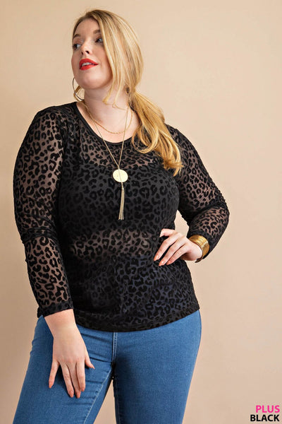 6163 India Top de malla transparente de manga larga de terciopelo desgastado con estampado animal