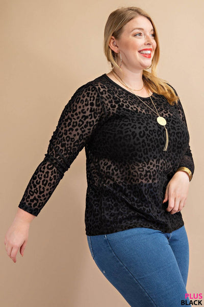 6163 India Top de malla transparente de manga larga de terciopelo desgastado con estampado animal