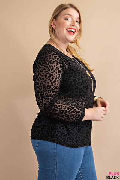 6163 India Top de malla transparente de manga larga de terciopelo desgastado con estampado animal