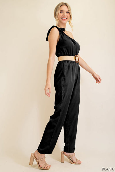 5932 Melinda Mono negro con un hombro al descubierto y lazo