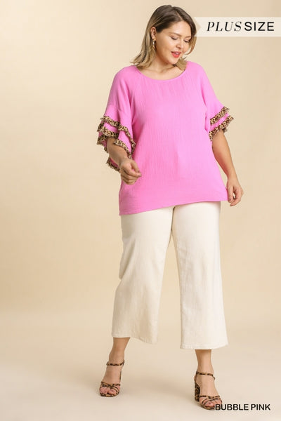 Wendy Cotton Gauze Layered Animal Print Ruffle Sleeve Top - Reg & Plus!