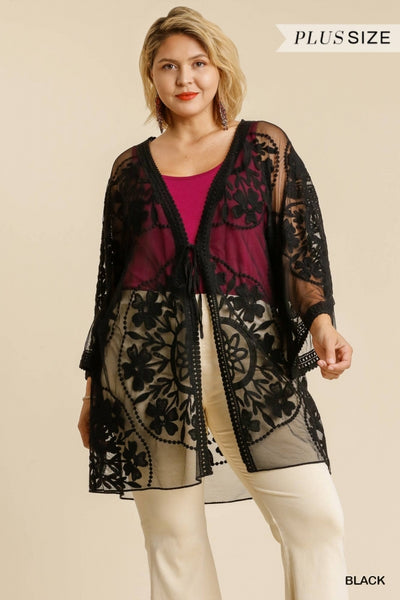 1136 ReeAnn Floral Lace Kimono w/ Waist Tie - Reg & Plus